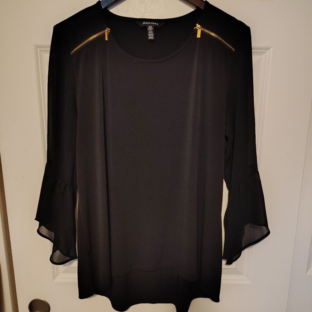 Ellen Tracy Top Sheer Black Peplum Flared Sleeve Blouse w Zipper Accents Witchy